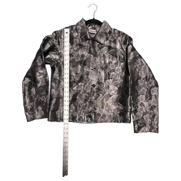 Chicos Jacket Silk Shacket Jacket Sz 0 Gray Pewter Shimmer Textured Button Down - Picture 6 of 9